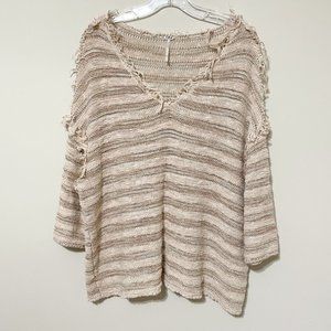 Free People Size M Spells Trouble Striped Knit Sweater 3/4 Sleeve Pullover